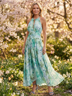 Portia | Pleated Halter Soft Floral Pattern Midi Dress