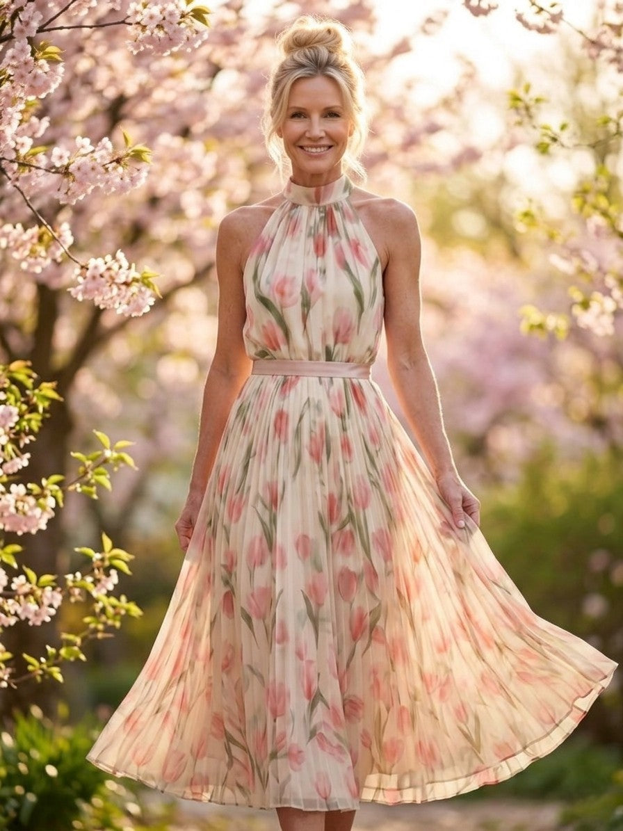 Aurelle | Halter Neck Floral Midi Dress