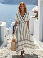 Thalassa | V Neck Short Sleeve Wrap Waist Midi Dress